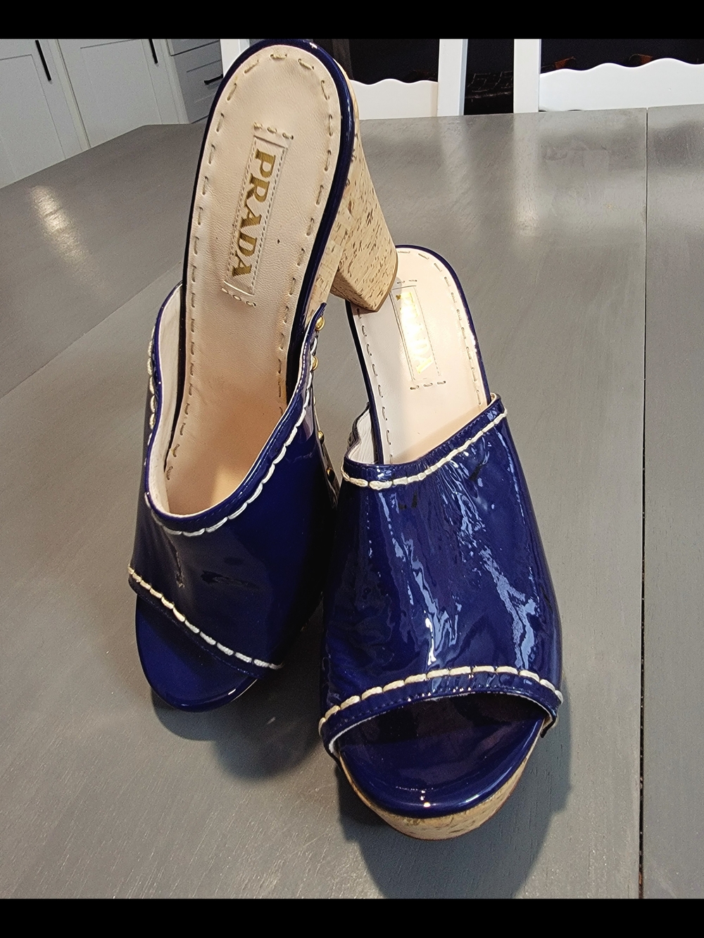 PRADA Royal Blue Patent Leather Studded Cork Platform Mules Sandals Size 40 - Picture 9 of 9